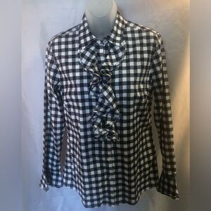 J. McLaughlin Black White check button-down long sleeve blouse size 2 EUC